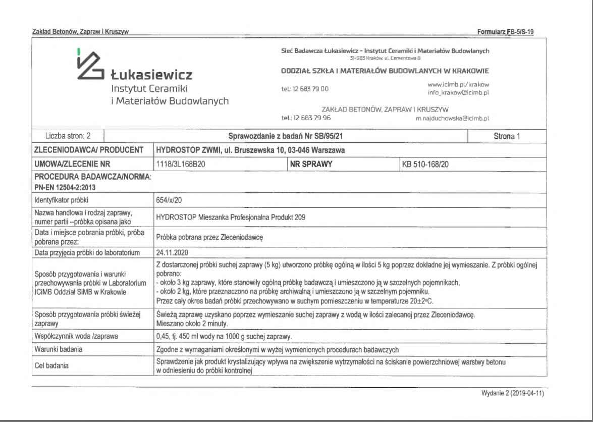 Raport opisujący wzmocnienie wytrzymałości na ściskanie betonu z powodu krystalizacji po pokryciu Hydrostopem-Mieszanką Profesjonalną nr 209